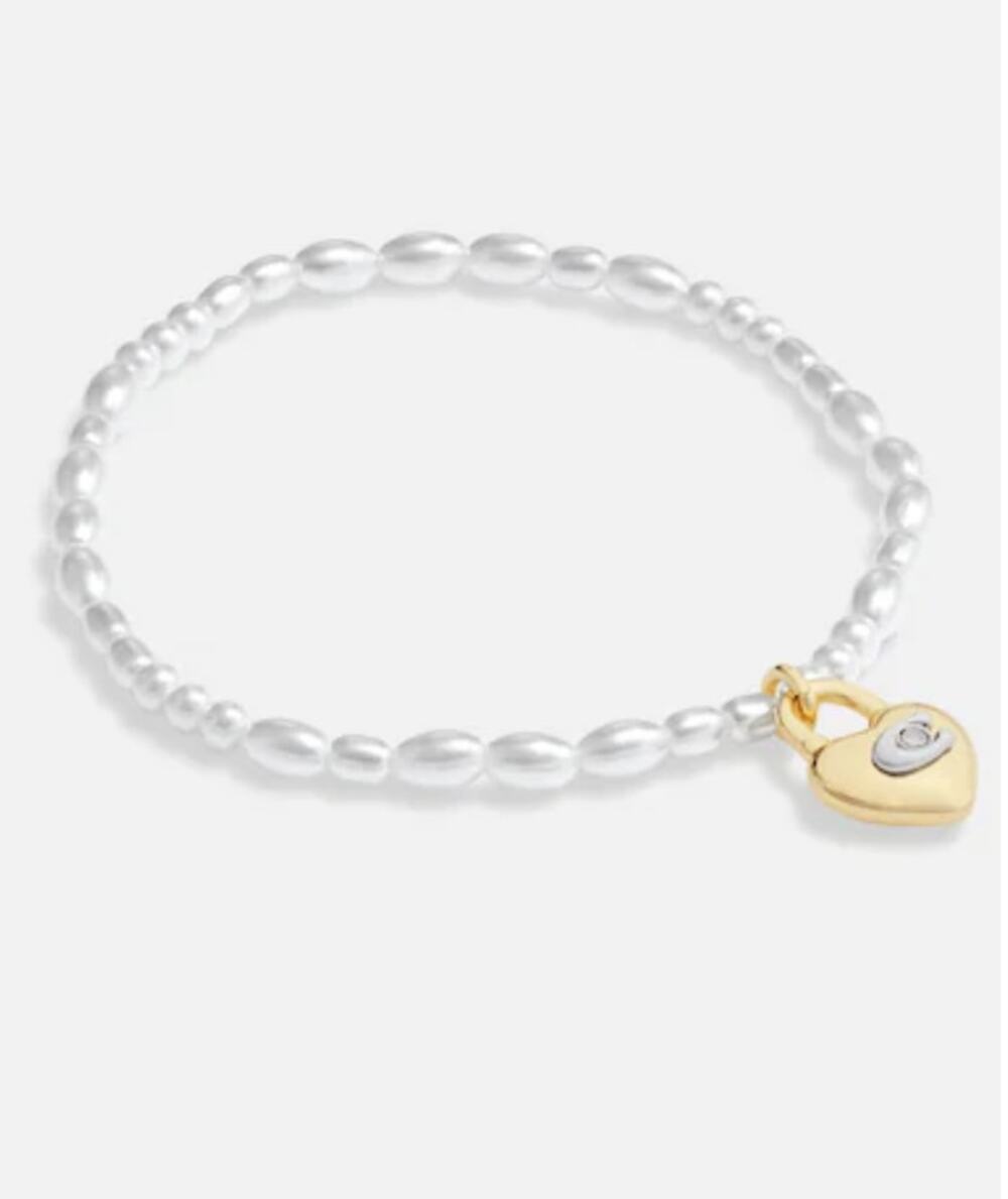 Coach Heart Lock Stretch Bracelet Glass pearls, plated brass and cubic zirconia